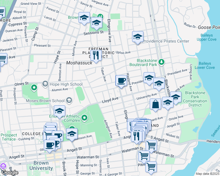map of restaurants, bars, coffee shops, grocery stores, and more near 52 President Avenue in Providence