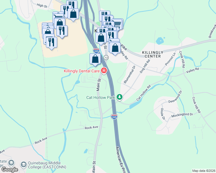 map of restaurants, bars, coffee shops, grocery stores, and more near 11 Conrad's Park in Killingly