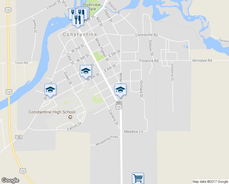 map of restaurants, bars, coffee shops, grocery stores, and more near 925 South Washington Street in Constantine