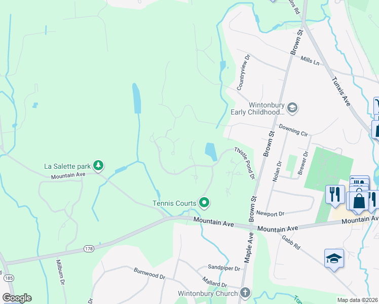 map of restaurants, bars, coffee shops, grocery stores, and more near 125 Thistle Pond Drive in Bloomfield