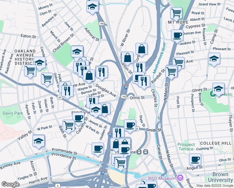 map of restaurants, bars, coffee shops, grocery stores, and more near 21 North Davis Street in Providence