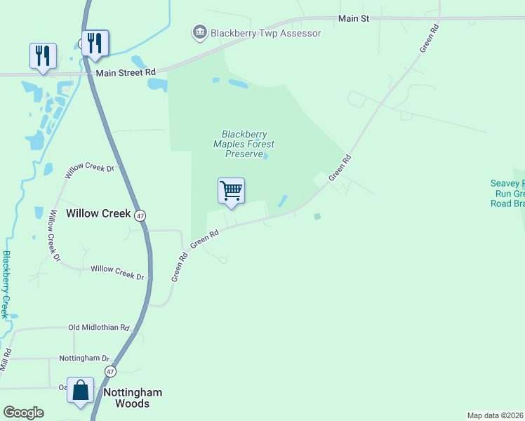map of restaurants, bars, coffee shops, grocery stores, and more near 2S208 Green Road in Elburn