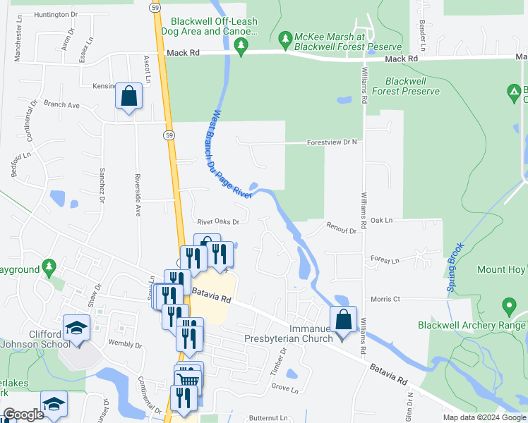 map of restaurants, bars, coffee shops, grocery stores, and more near 2S441 River Oaks Drive in Warrenville