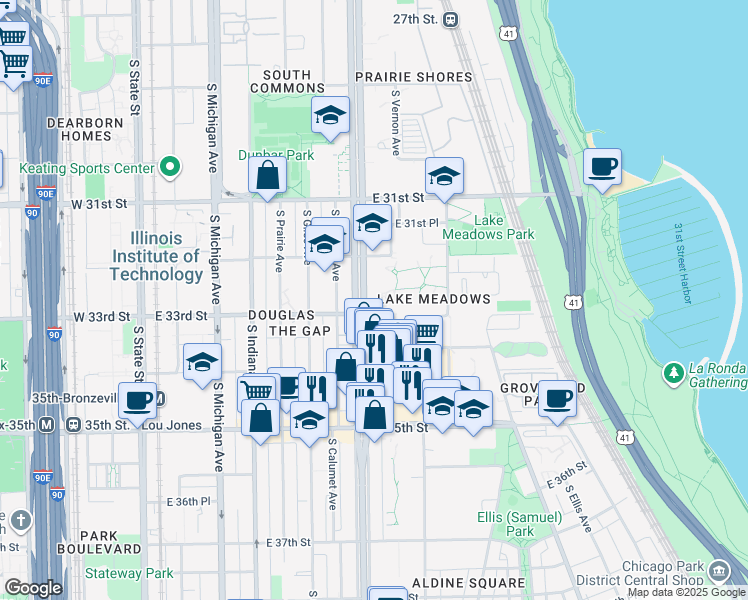 map of restaurants, bars, coffee shops, grocery stores, and more near 400 East 33rd Street in Chicago