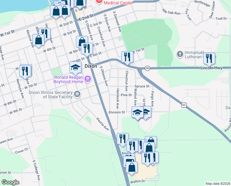 map of restaurants, bars, coffee shops, grocery stores, and more near 1019 Hemlock Avenue in Dixon