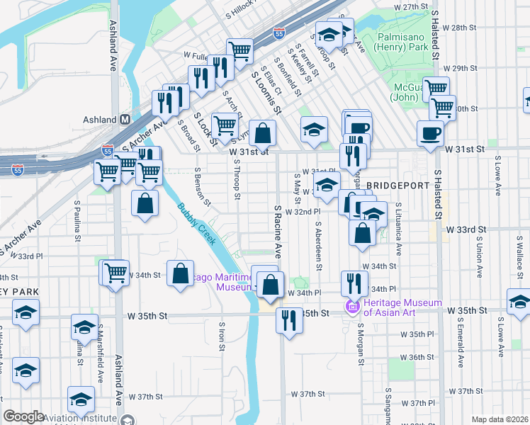 map of restaurants, bars, coffee shops, grocery stores, and more near 1218 West 32nd Place in Chicago