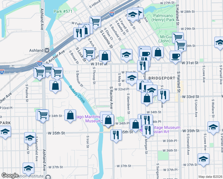 map of restaurants, bars, coffee shops, grocery stores, and more near S Racine Ave & W 32nd Pl in Chicago