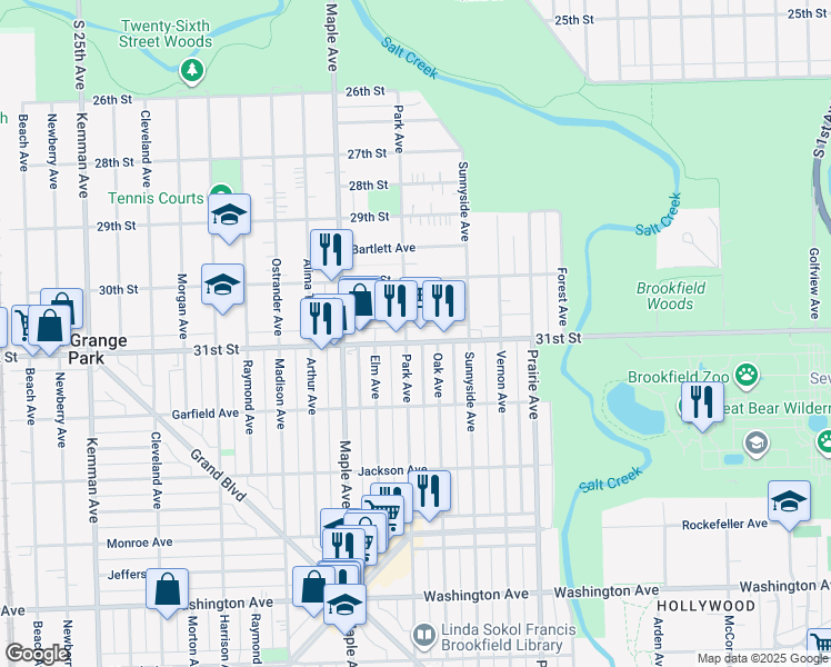 map of restaurants, bars, coffee shops, grocery stores, and more near 9042 31st Street in Brookfield