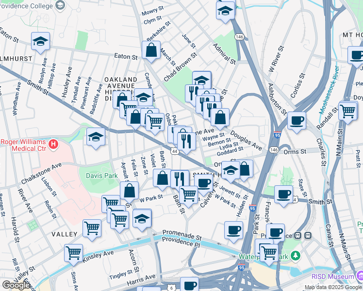 map of restaurants, bars, coffee shops, grocery stores, and more near 52 Nolan Street in Providence