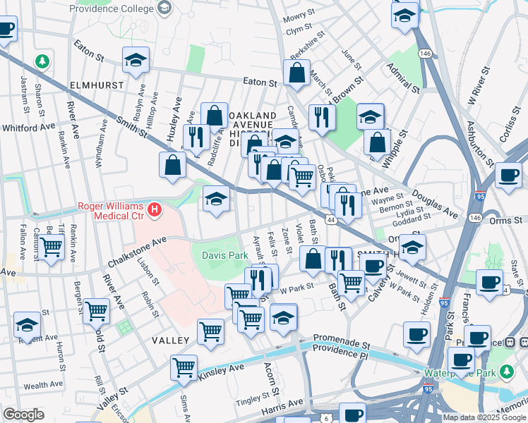 map of restaurants, bars, coffee shops, grocery stores, and more near 16 Ruggles Street in Providence