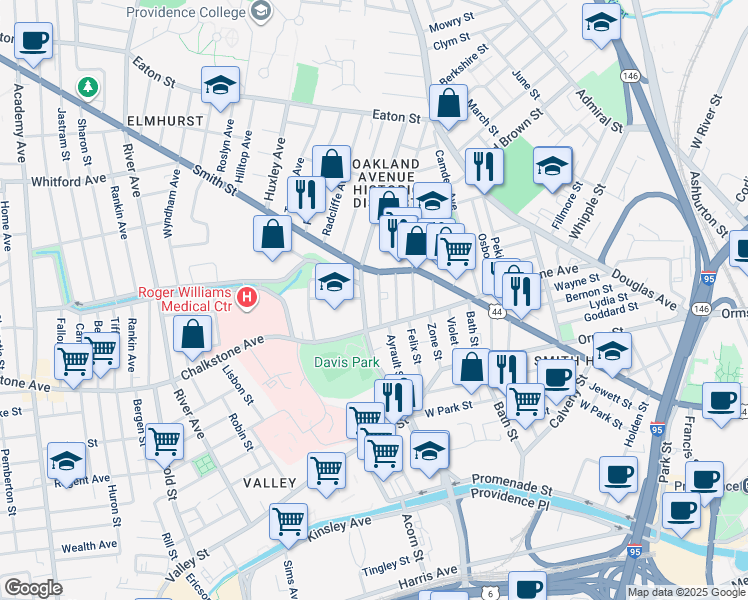 map of restaurants, bars, coffee shops, grocery stores, and more near 37 Richter Street in Providence