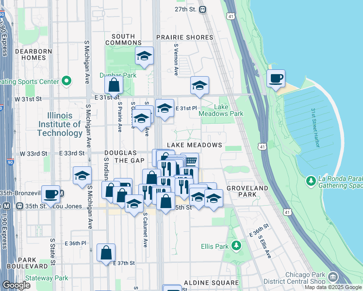 map of restaurants, bars, coffee shops, grocery stores, and more near 500 East 33rd Street in Chicago