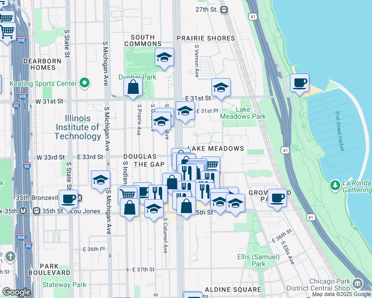 map of restaurants, bars, coffee shops, grocery stores, and more near 400 East 33rd Street in Chicago