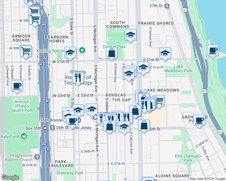map of restaurants, bars, coffee shops, grocery stores, and more near 3252 South Prairie Avenue in Chicago
