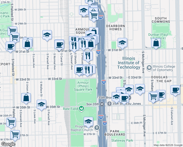 map of restaurants, bars, coffee shops, grocery stores, and more near 3244 South Wells Street in Chicago