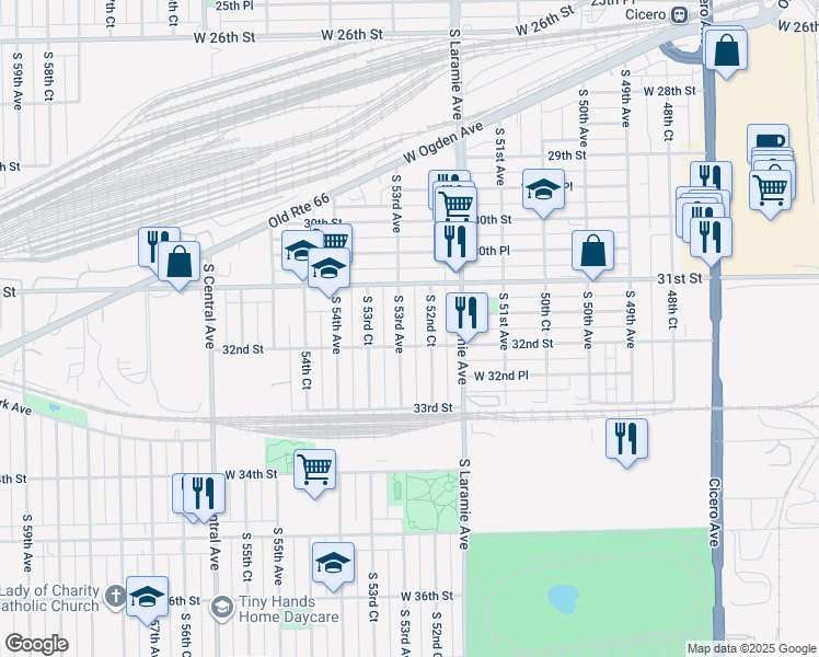map of restaurants, bars, coffee shops, grocery stores, and more near 3141 South 53rd Avenue in Cicero