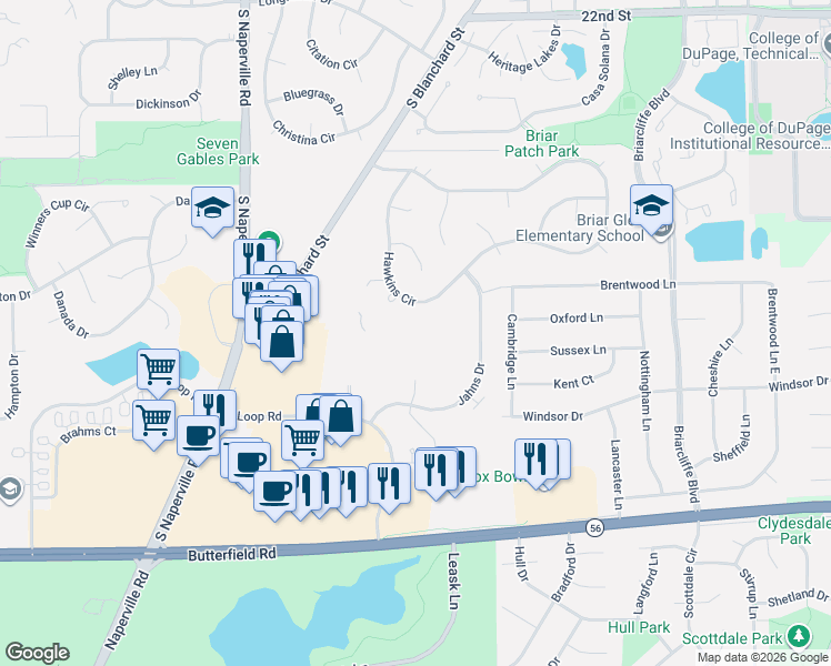 map of restaurants, bars, coffee shops, grocery stores, and more near 45 Kensington Circle in Wheaton