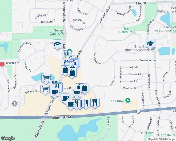 map of restaurants, bars, coffee shops, grocery stores, and more near 32 Sterling Circle in Wheaton