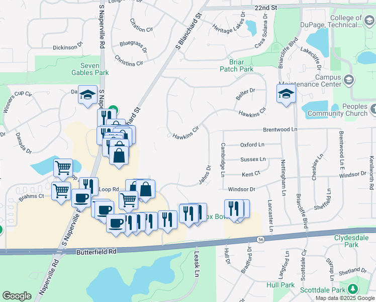 map of restaurants, bars, coffee shops, grocery stores, and more near 41 Kensington Circle in Wheaton