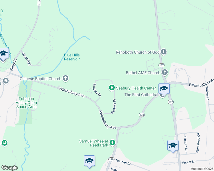 map of restaurants, bars, coffee shops, grocery stores, and more near 400 Seabury Drive in Bloomfield