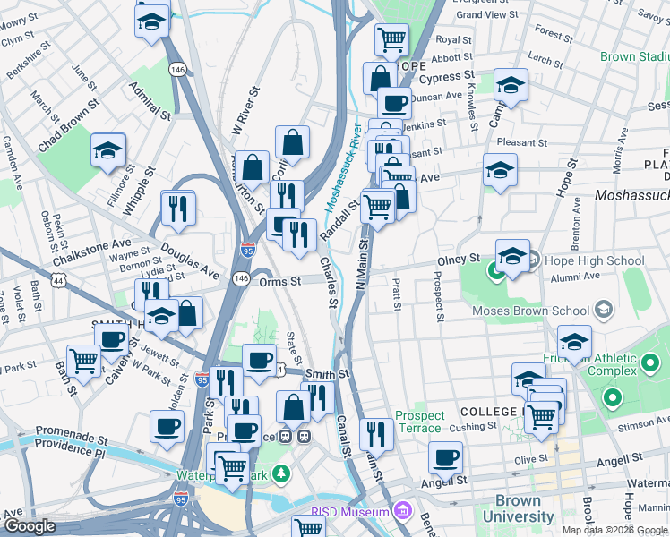 map of restaurants, bars, coffee shops, grocery stores, and more near 125 Charles Street in Providence