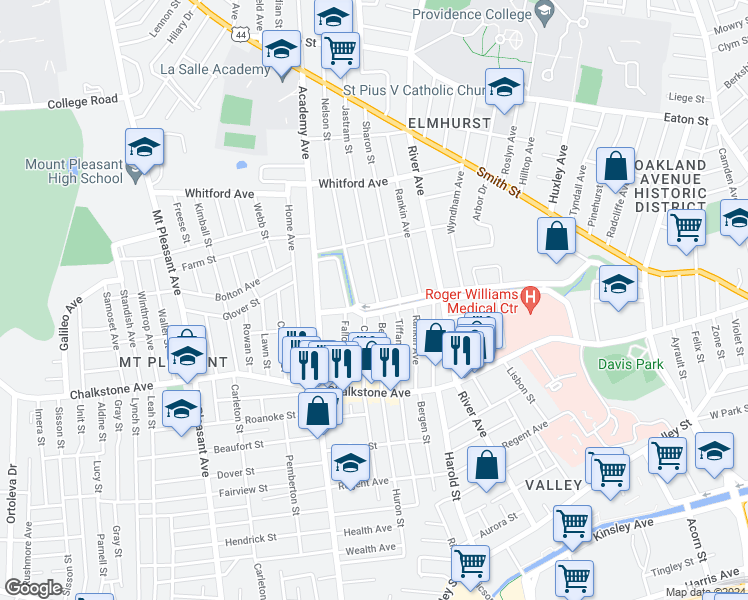 map of restaurants, bars, coffee shops, grocery stores, and more near 579 Pleasant Valley Parkway in Providence