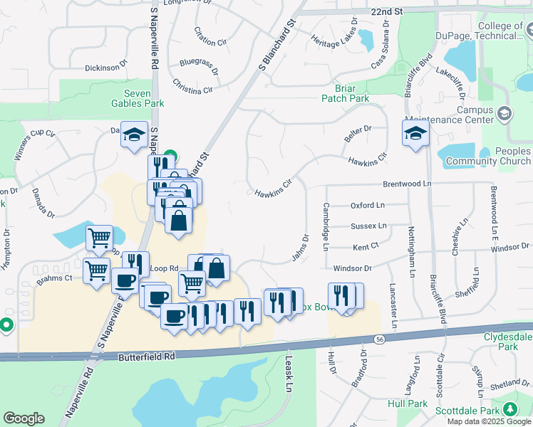 map of restaurants, bars, coffee shops, grocery stores, and more near 41 Kensington Circle in Wheaton