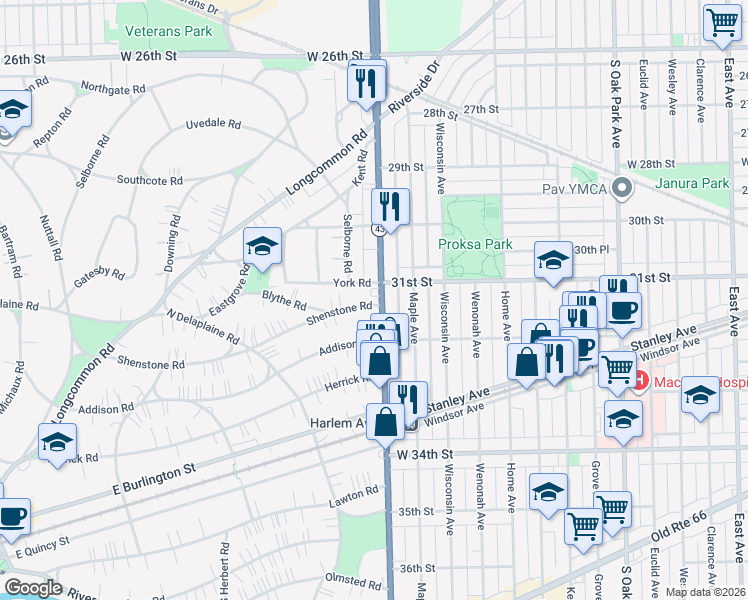 map of restaurants, bars, coffee shops, grocery stores, and more near 486 Shenstone Road in Riverside