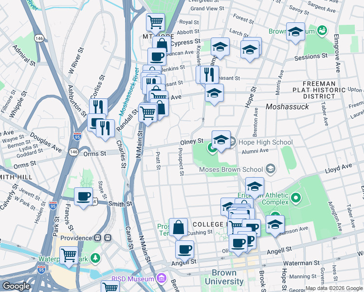 map of restaurants, bars, coffee shops, grocery stores, and more near 42 Hidden Street in Providence