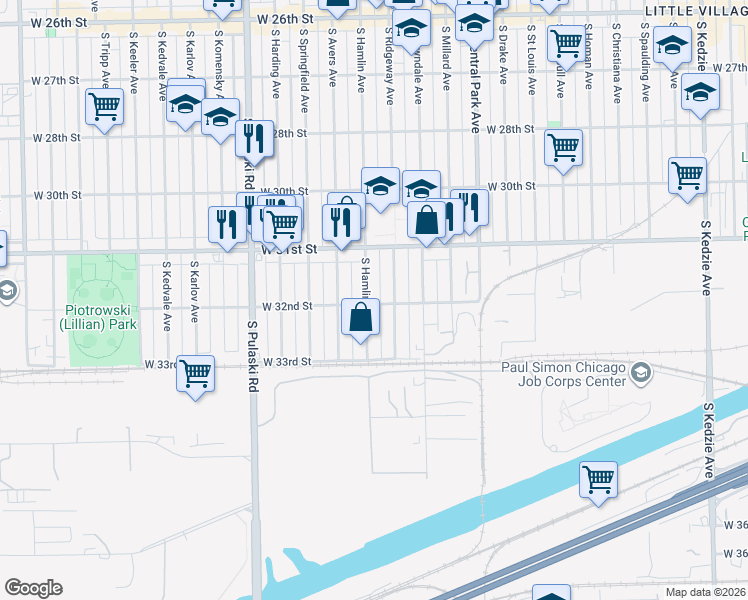 map of restaurants, bars, coffee shops, grocery stores, and more near 3200 South Ridgeway Avenue in Chicago