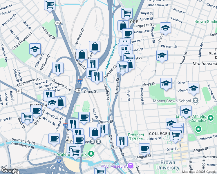 map of restaurants, bars, coffee shops, grocery stores, and more near 125 Charles Street in Providence