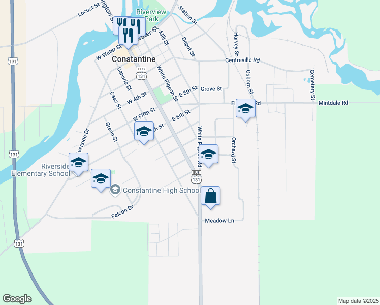map of restaurants, bars, coffee shops, grocery stores, and more near 925 South Washington Street in Constantine