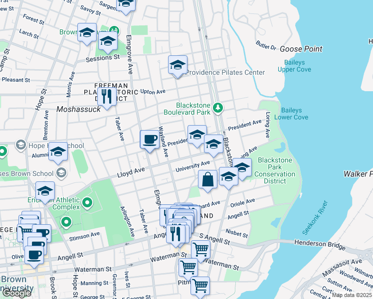 map of restaurants, bars, coffee shops, grocery stores, and more near 488 Lloyd Avenue in Providence