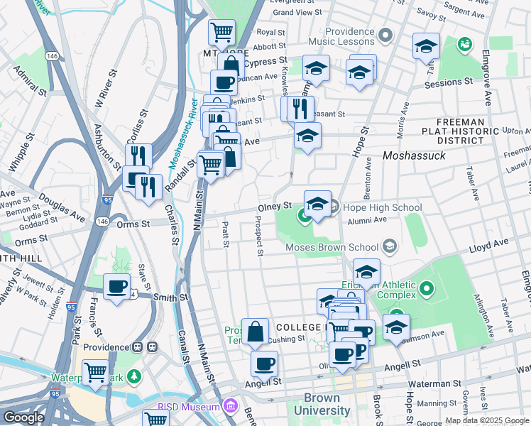 map of restaurants, bars, coffee shops, grocery stores, and more near 42 Hidden Street in Providence