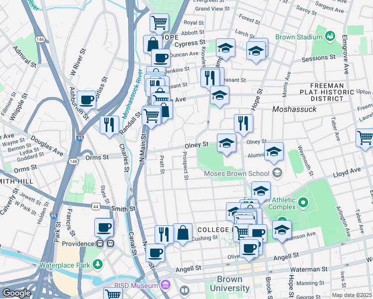 map of restaurants, bars, coffee shops, grocery stores, and more near 42 Hidden Street in Providence