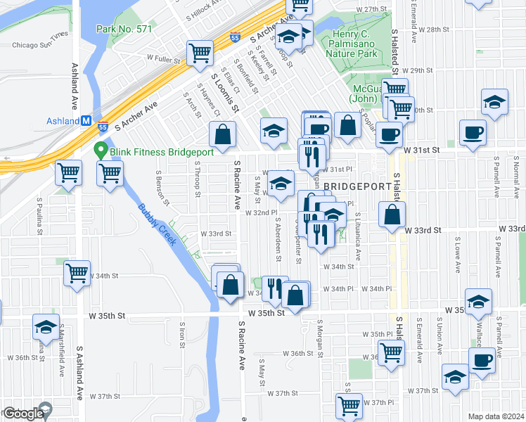 map of restaurants, bars, coffee shops, grocery stores, and more near 3228 South Aberdeen Street in Chicago