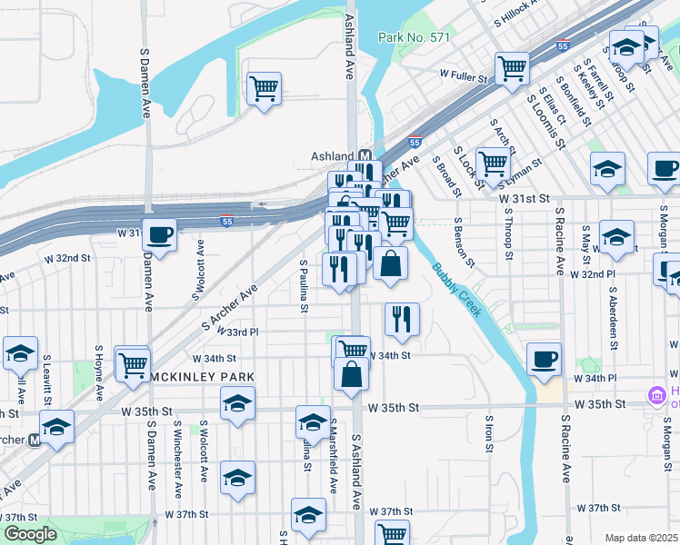 map of restaurants, bars, coffee shops, grocery stores, and more near 3216 South Ashland Avenue in Chicago