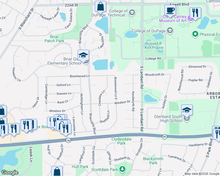 map of restaurants, bars, coffee shops, grocery stores, and more near 1916 Brentwood Lane East in Wheaton