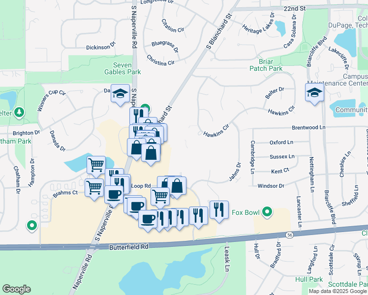 map of restaurants, bars, coffee shops, grocery stores, and more near 32 Sterling Circle in Wheaton