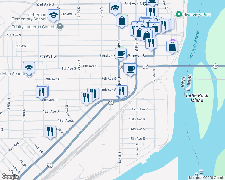 map of restaurants, bars, coffee shops, grocery stores, and more near 439 10th Avenue South in Clinton