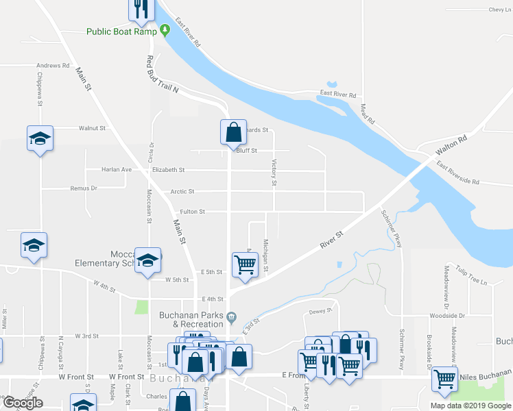 map of restaurants, bars, coffee shops, grocery stores, and more near 313 Fulton Street in Buchanan