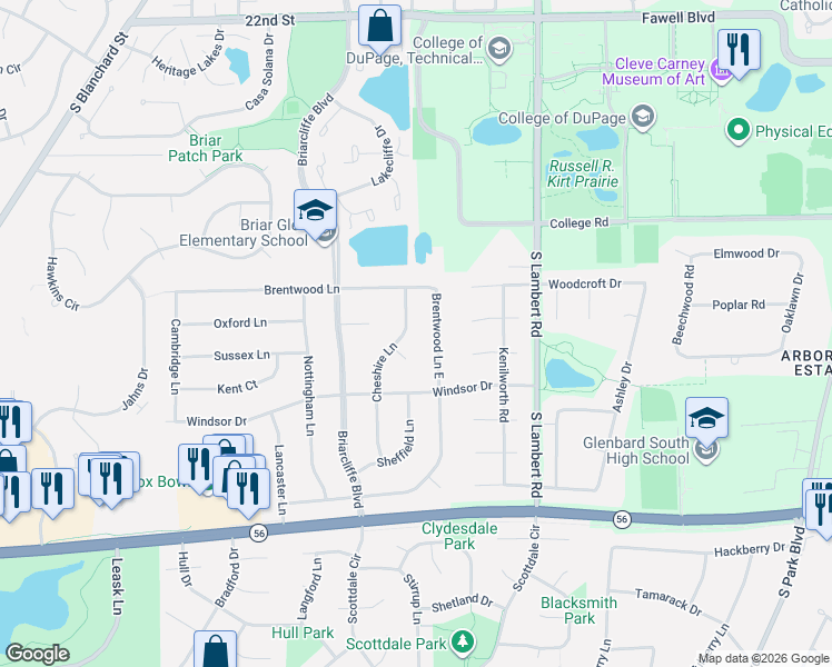 map of restaurants, bars, coffee shops, grocery stores, and more near 1916 Brentwood Lane East in Wheaton