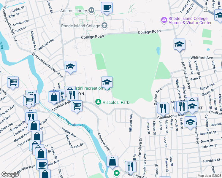 map of restaurants, bars, coffee shops, grocery stores, and more near 46 Obadiah Brown Road in Providence