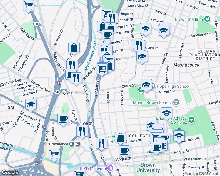 map of restaurants, bars, coffee shops, grocery stores, and more near 99 Roger Williams Green in Providence
