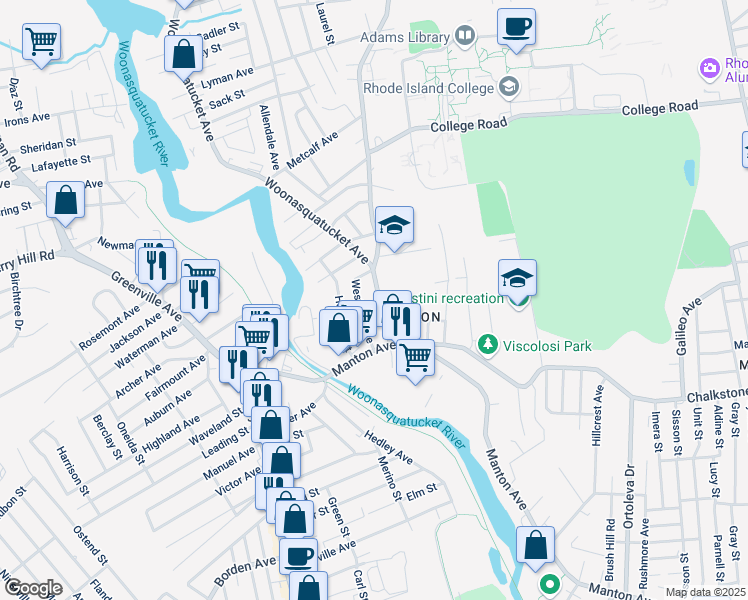 map of restaurants, bars, coffee shops, grocery stores, and more near 50 Fruit Hill Avenue in Providence