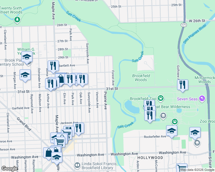 map of restaurants, bars, coffee shops, grocery stores, and more near in Brookfield