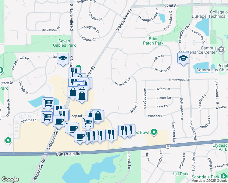map of restaurants, bars, coffee shops, grocery stores, and more near 60 Sterling Circle in Wheaton