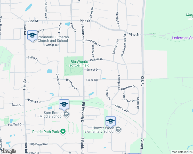 map of restaurants, bars, coffee shops, grocery stores, and more near 34W246 Giese Road in Batavia