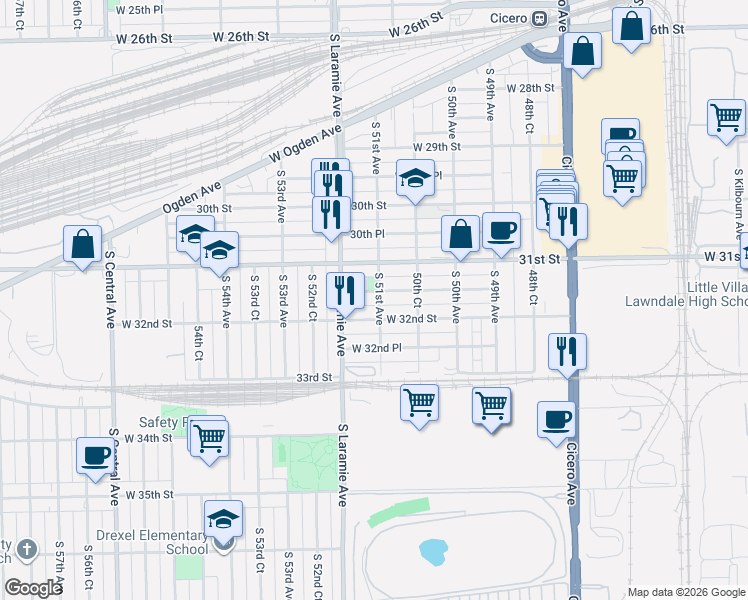 map of restaurants, bars, coffee shops, grocery stores, and more near 5056 West 32nd Street in Cicero