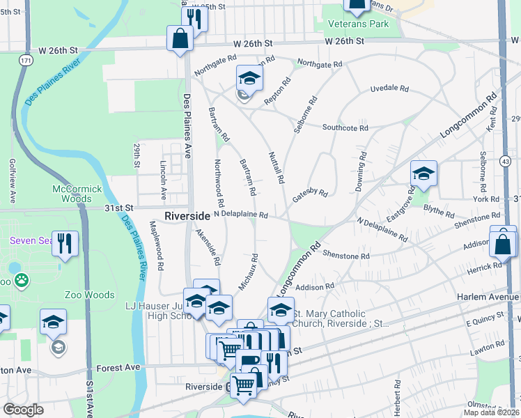 map of restaurants, bars, coffee shops, grocery stores, and more near 350 North Delaplaine Road in Riverside